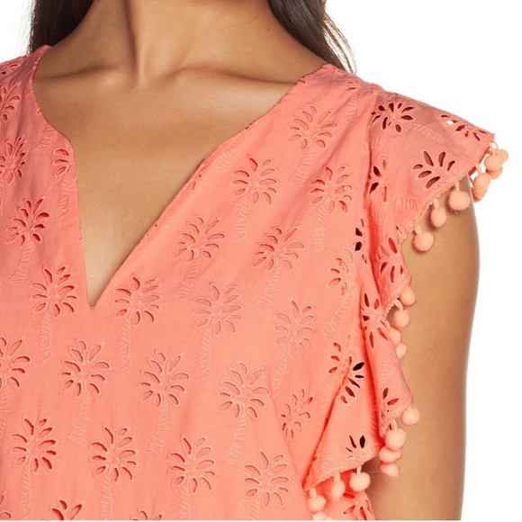 LILLY PULITZER Astara Peach Eyelet Palm Tree Dress w Pom Pom Flutter Sleeves S - Picture 8 of 14